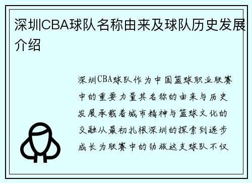深圳CBA球队名称由来及球队历史发展介绍